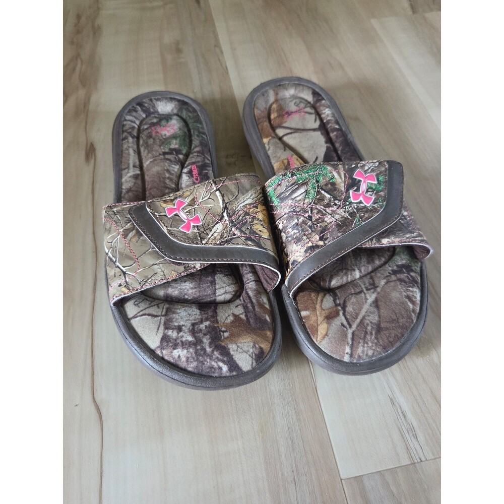 Under Armour Women's Camouflage Squish Sandals Slides Pink Logo 9